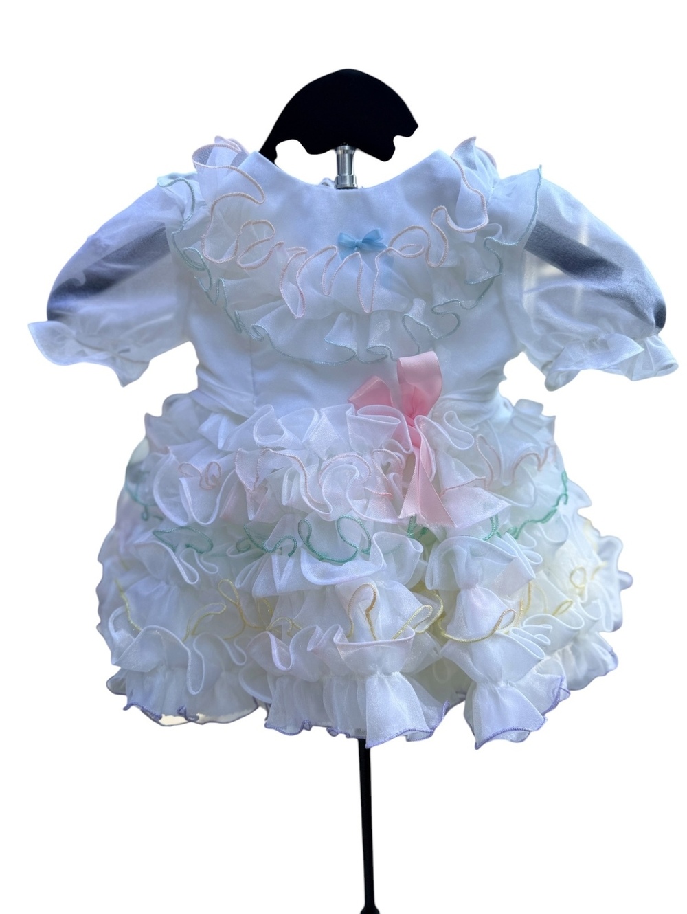 Vintage Sundi Glitz Pageant Dress Cupcake White Organza Ruffles Bow 1990s 80s